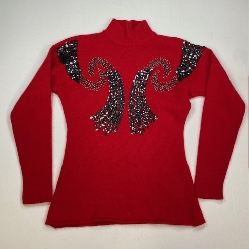 Pierre Cardin Vintage Red Sequin Beaded Lambswool Angora Mock Neck Sweater M